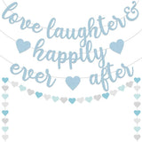 Glitter Blue Love Laughter & Happily Ever After Banner, 13FT White-Blue Champagne Heart Streamers Garland for Wedding Bridal Engagement Party