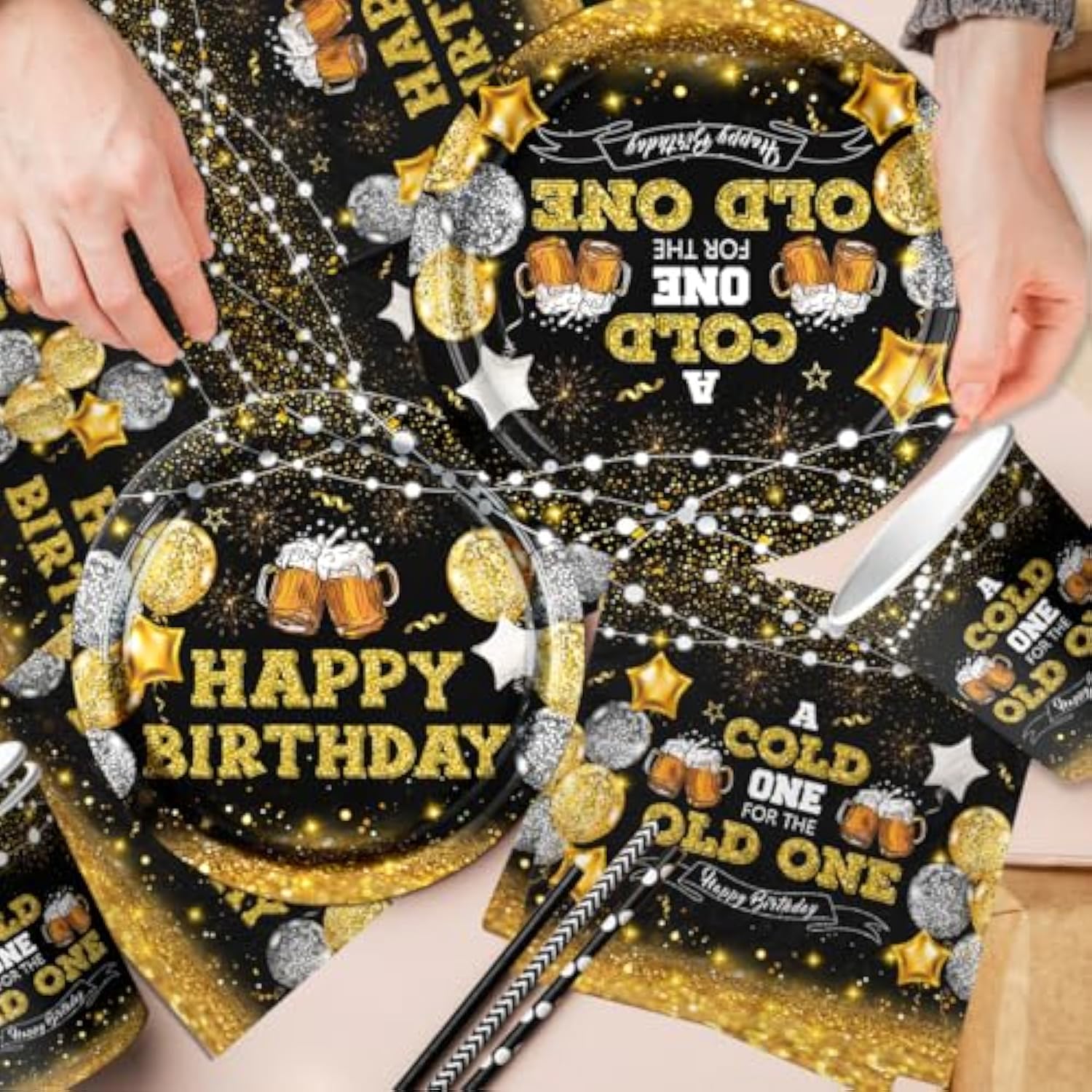 142Pcs Beer Birthday Decorations For Men A Cold One For The Old One Birthday Decorations With Plates Napkins Cups Tablecloth And Banner Black And Gold Party Decorations For 20Th 30Th 40Th 50Th