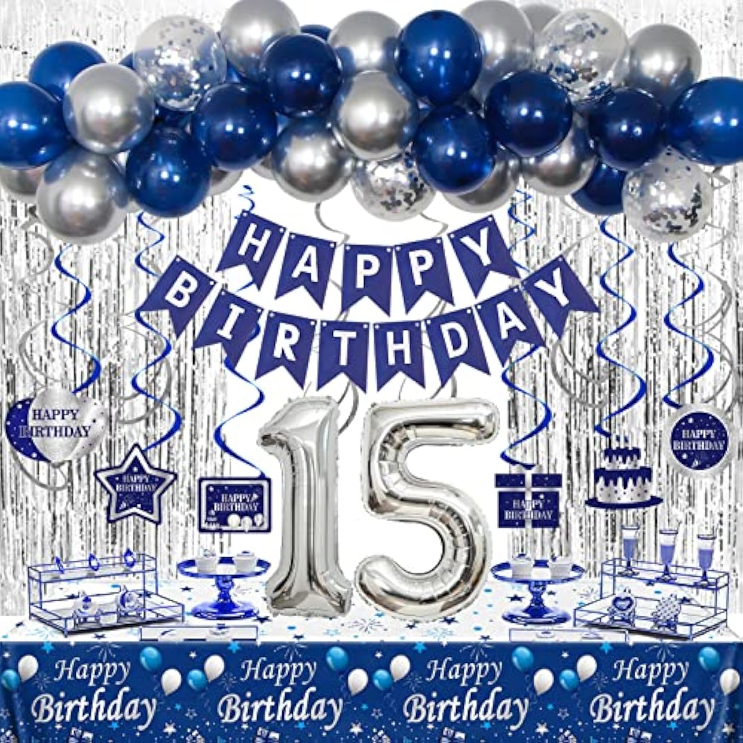 Blue Silver 15th Birthday Decor Set – Banner, Balloons, Tablecloth & Party Supplies