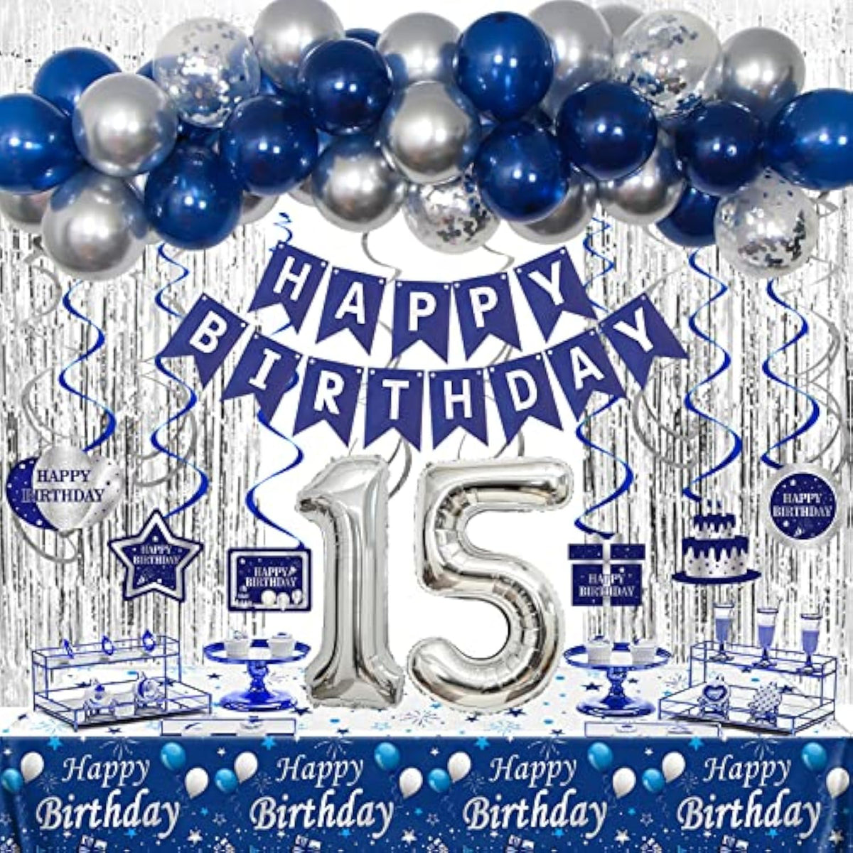 Blue Silver 15th Birthday Decor Set – Banner, Balloons, Tablecloth & Party Supplies