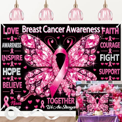 Breast Cancer Awareness Backdrop October Pink Ribbon Butterfly Banner Background Women Breast Cancer Love Hope Faith Charity Event Photo Booth Props 8x6FT