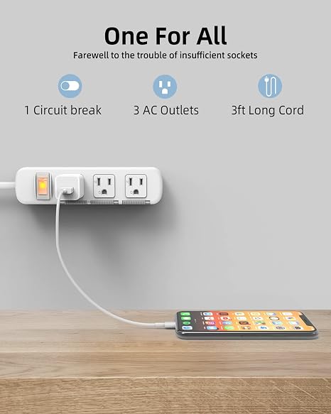 Flat Plug Surge Protector Power Strip 3 Outlets 3FT Extension Cord 300J Overload Protection White