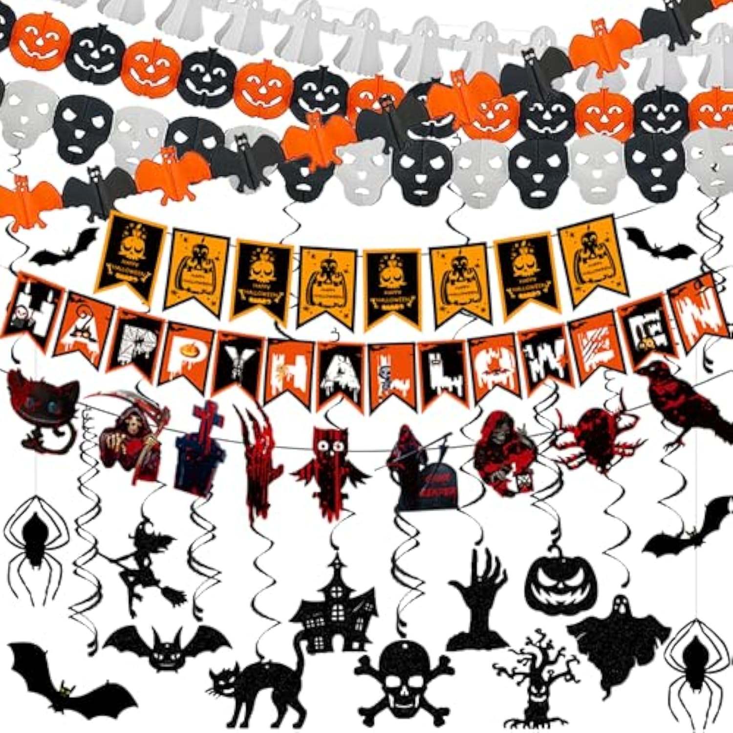 Halloween Indoor Hanging Swirl Decor with Bats Spiders Pumpkins Skulls Ghosts Party Supplies