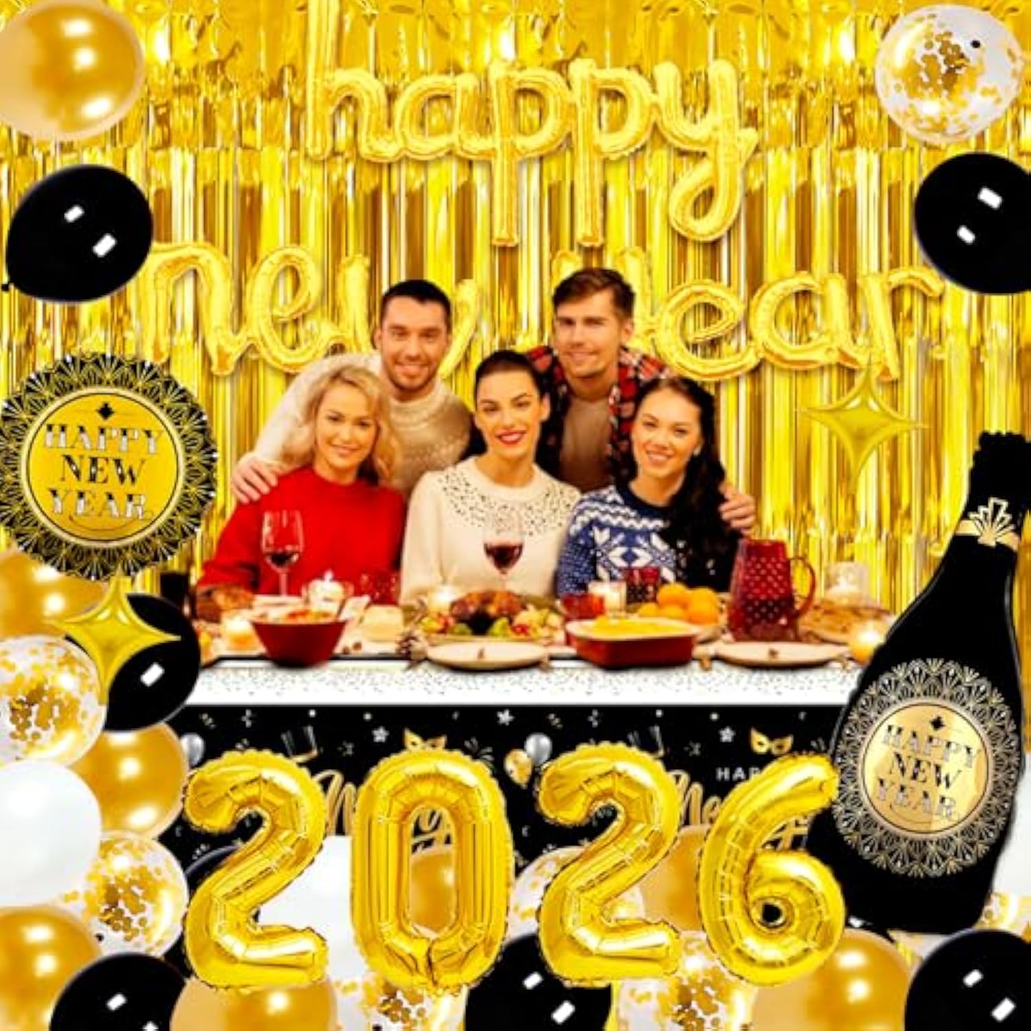 2026 New Year Party Kit with Foil Balloons, Banner, and Fringe Curtains for NYE Decor