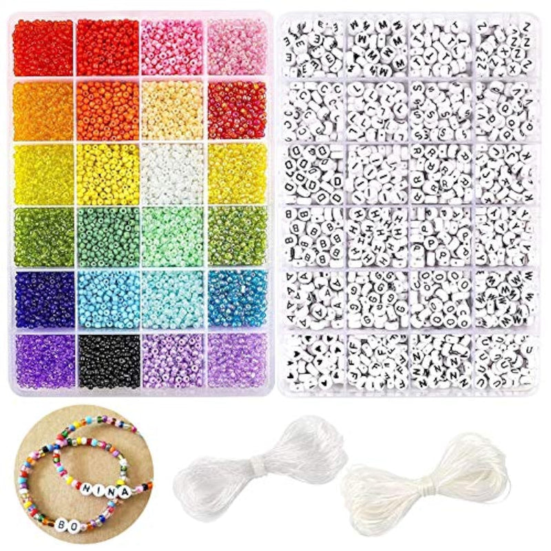 12000Pcs 3Mm Glass Seed Beads For Bracelets Making Kit With Letter Alphabet Beads, Friendship Bracelet Kits 8/0 Craft Bead For Jewelry Making Necklaces And Key Chains With 2 Rolls Of Cord