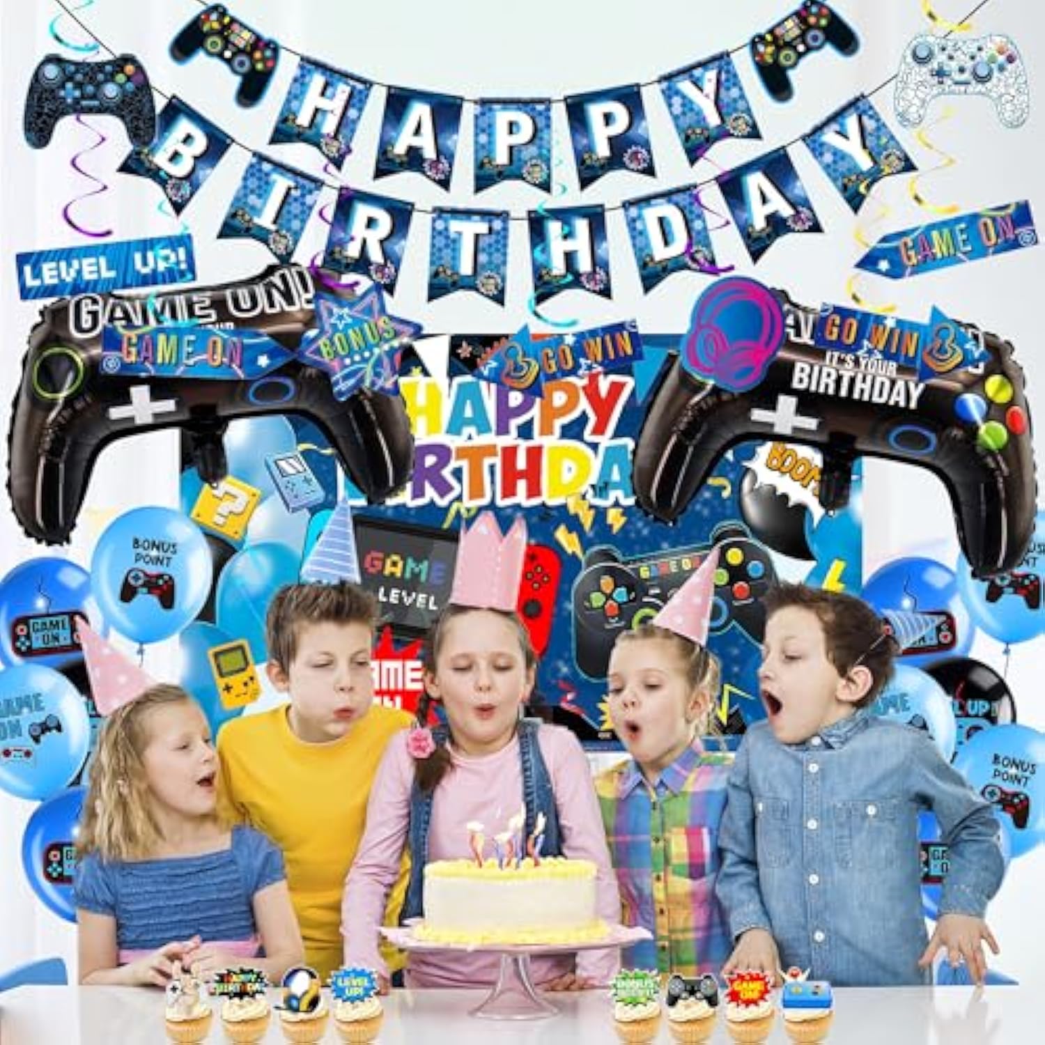 Video Game Birthday Decorations Balloons - 33 Pcs Banner Gaming Party Supplies Backdrop Game Controller Balloon Banner Cake Topper Hanging Swirls For Boys Child Birthday Party Game Theme Celebration