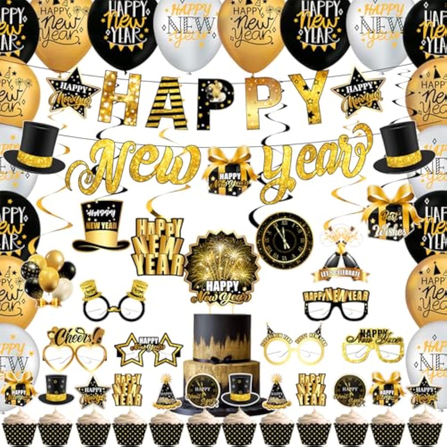 2026 Black Gold New Year Kit with Banner, Cake Toppers, Swirls, and Photo Props