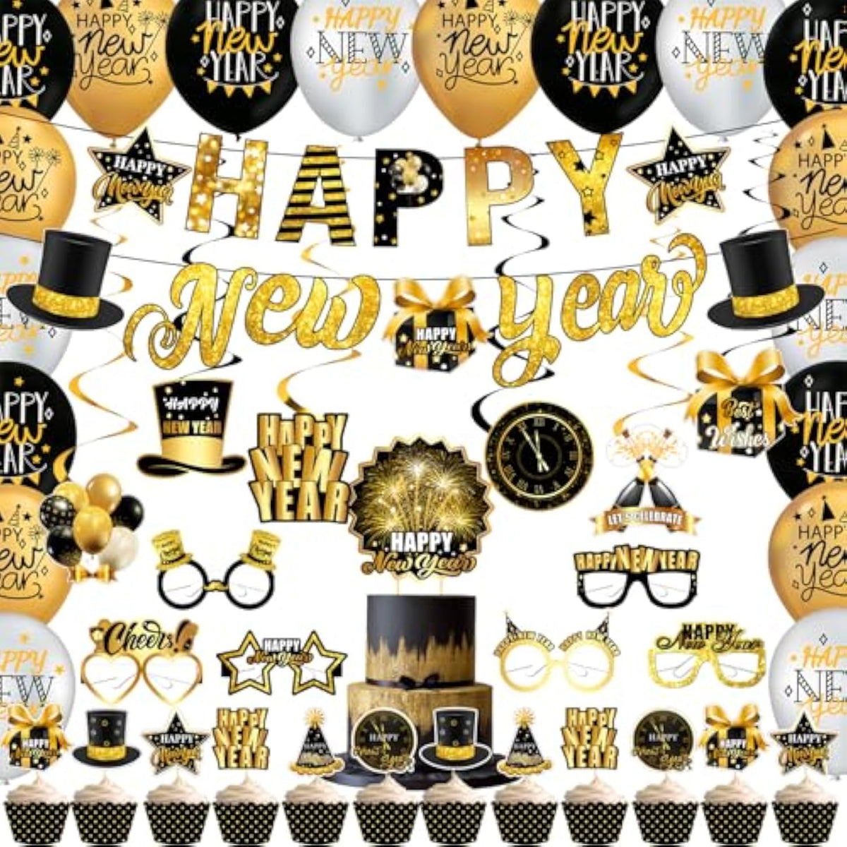 2026 Black Gold New Year Kit with Banner, Cake Toppers, Swirls, and Photo Props