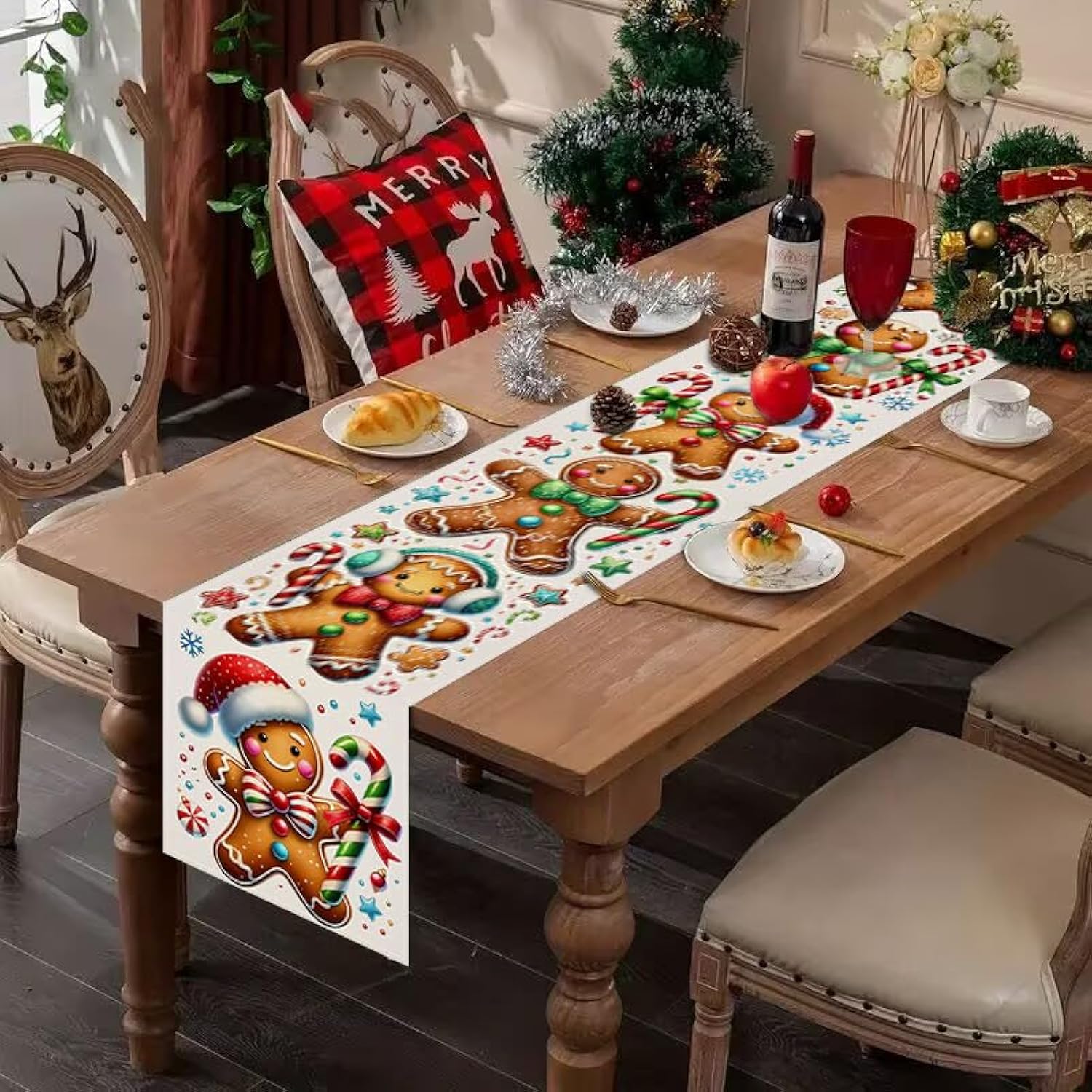 Gingerbread Man Merry Christmas Table Runner, Winter Xmas Holiday Kitchen Dining Table Decoration For Home Party Decor 13X72 Inch