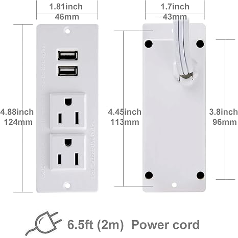 Recessed Power Strip with 2 Outlets and 2 USB Ports for Desk Table Furniture