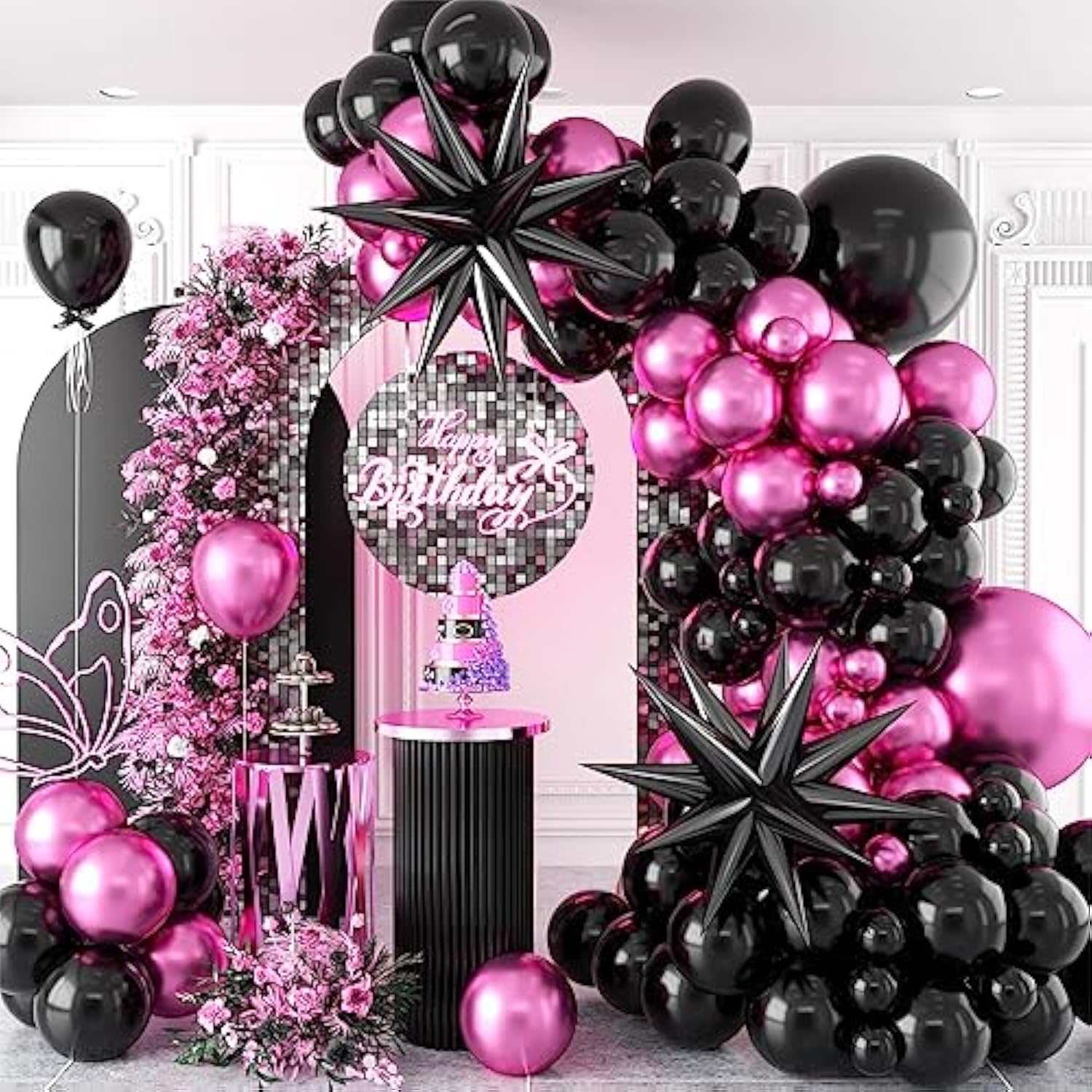 Hot Pink And Black Balloon Arch Kit, 5 10 18 Inch Birthday Party Balloons, Metallic Magenta Black Garland Kit With 2 Black Explosion Star Balloons, Diy Balloon Arch For Birthday Party Decoration