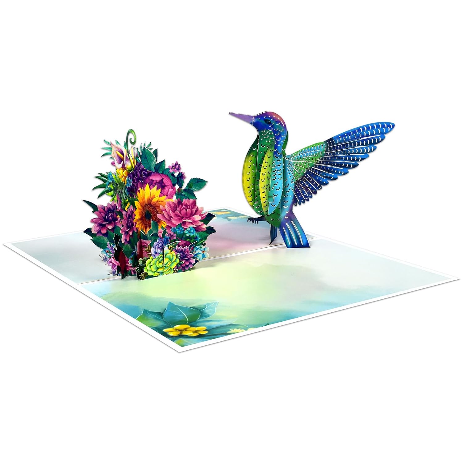 Blue Hummingbird And Flower Pop Up Paper Flower Bouquet Greeting Cards With Blank Note & Envelope, Ideal Gift For Celebrating Love, Birthday, Anniversary, Special Moments, Mother'S Day