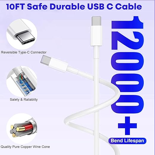 3 Pack USB C Fast Charger with 10FT USB C to USB C Cables for iPhone 17 16 15 iPad