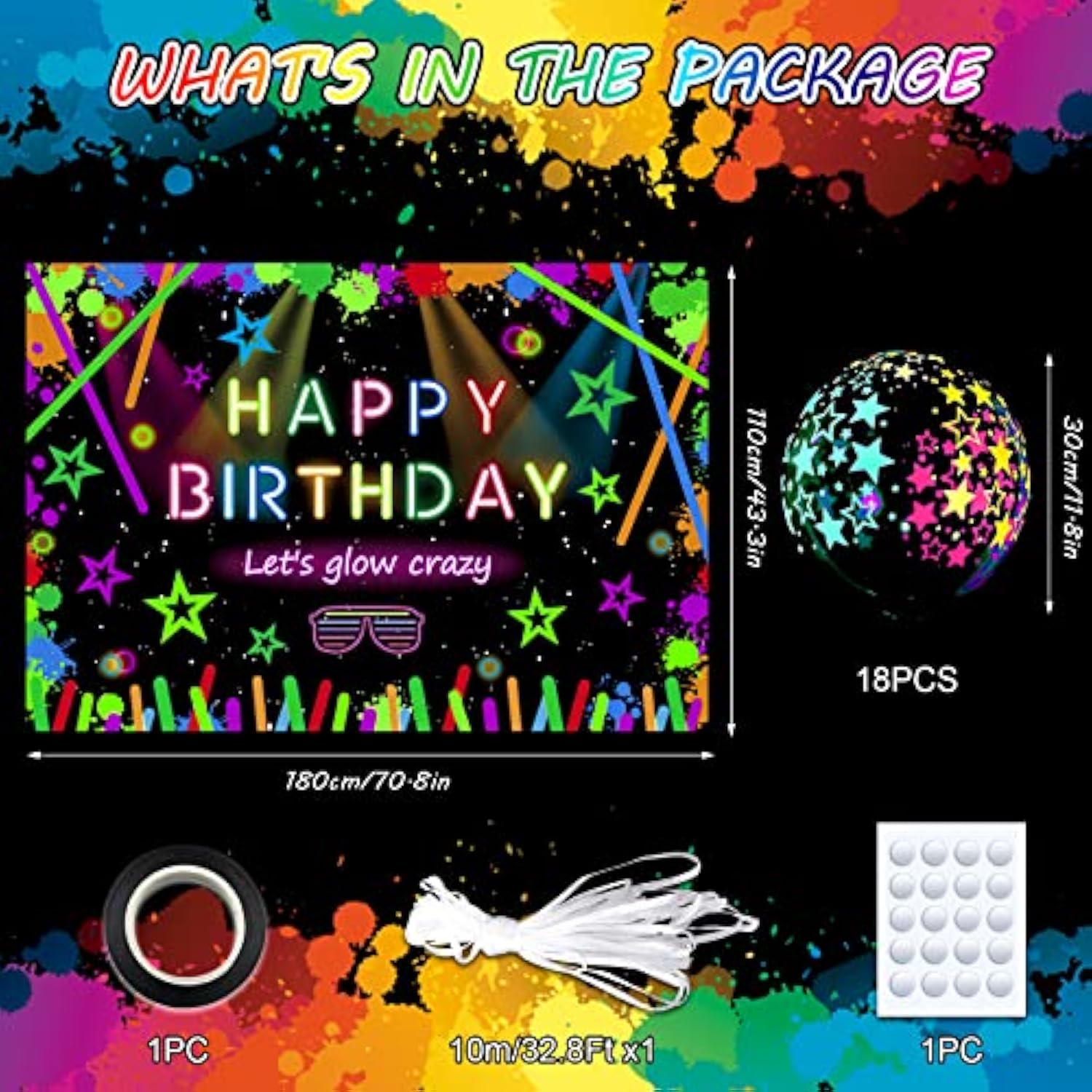 Glow Neon Party Decorations Supplies Backdrop 5.9 X 3.6Ft Glow In The Dark Let'S Glow Crazy Banner Glow Theme Birthday Background With 18 Balloons Sleppover Party Supplies Photography Photoshoot Props