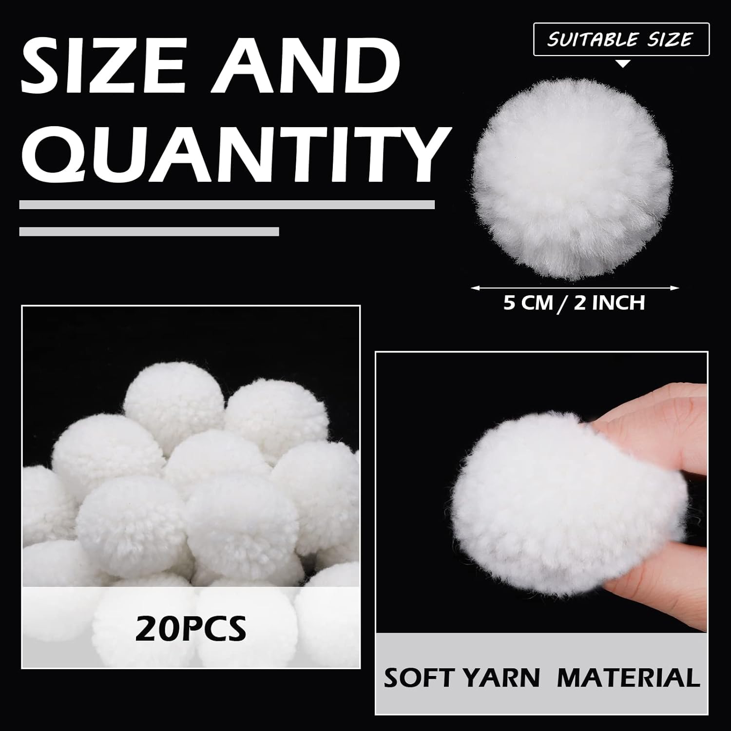 20 Pcs Christmas Yarn Pom Poms Balls For Diy Handmade Crafts Fuzzy Pompoms For Christmas Diy Hats Thanksgiving Party Holiday Hanging Home Decorations (White, 2 Inch)