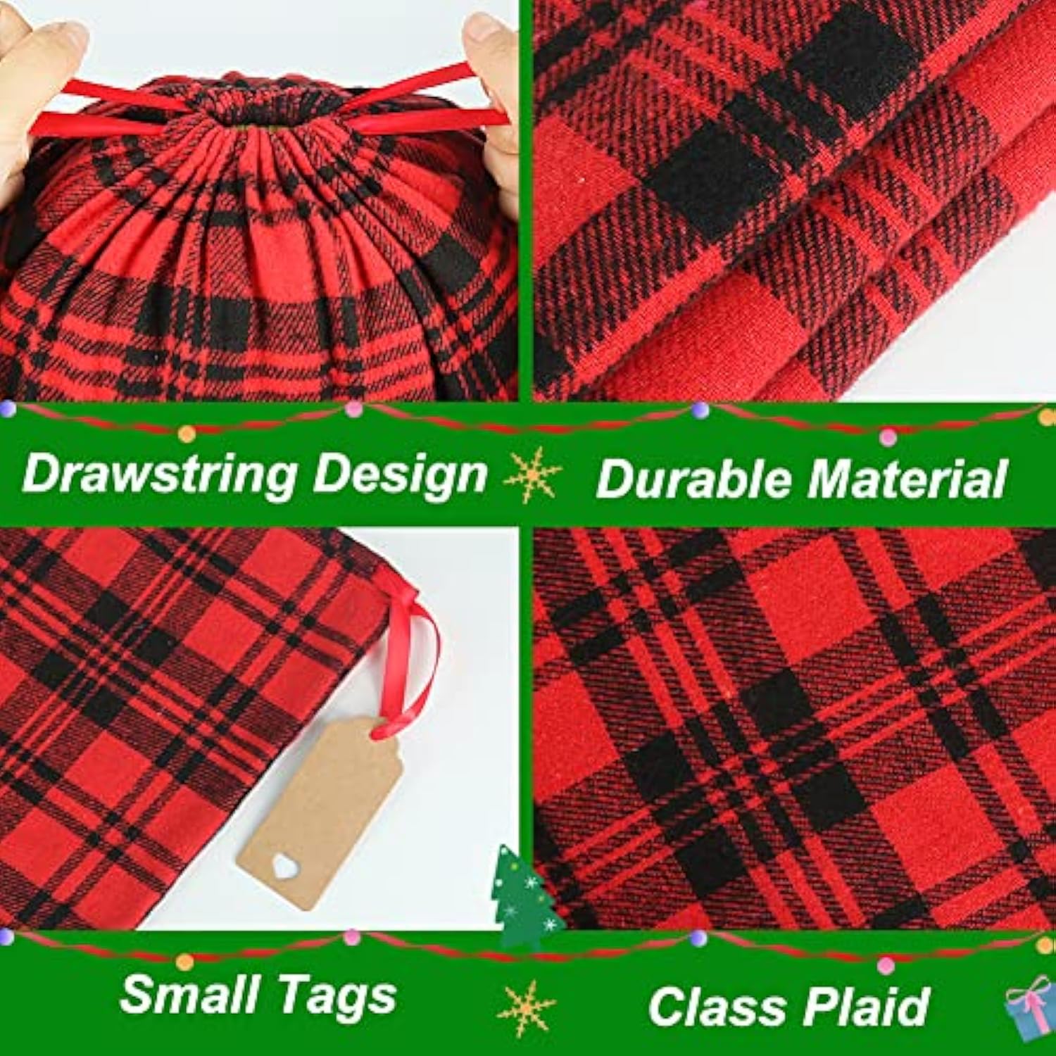 Buffalo Plaid Drawstring Bags, 9Pcs Soft Flannel Christmas Gift Bags Assorted Sizes Xmas Fabric Bags Reusable Gift Bags For Package Birthday Holiday Party(Red&Black)