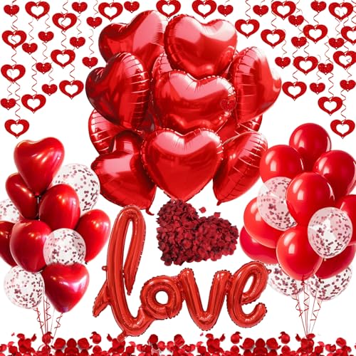 Valentines Day Decorations with Red Heart Balloons and Love Balloon, Fake Rose Petals for Wedding Decor, Anniversary Decorations Romantic with red Latex Balloons and Heart Hanging Decor.