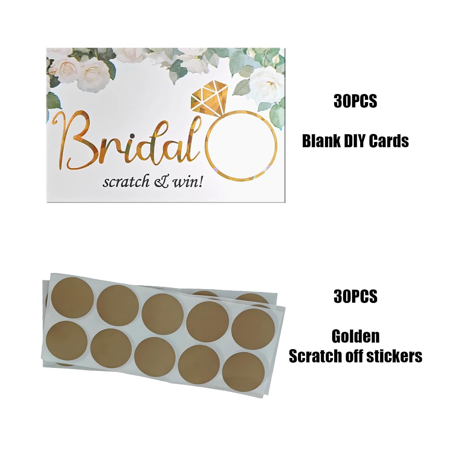 Bridal Shower Scratch Off Game– Scratch Off Raffle Cards, Fun Wedding Shower Game, Love In Bloom, Golden Ring And White Flower Design, 30 Cards & Stickers, Party Games