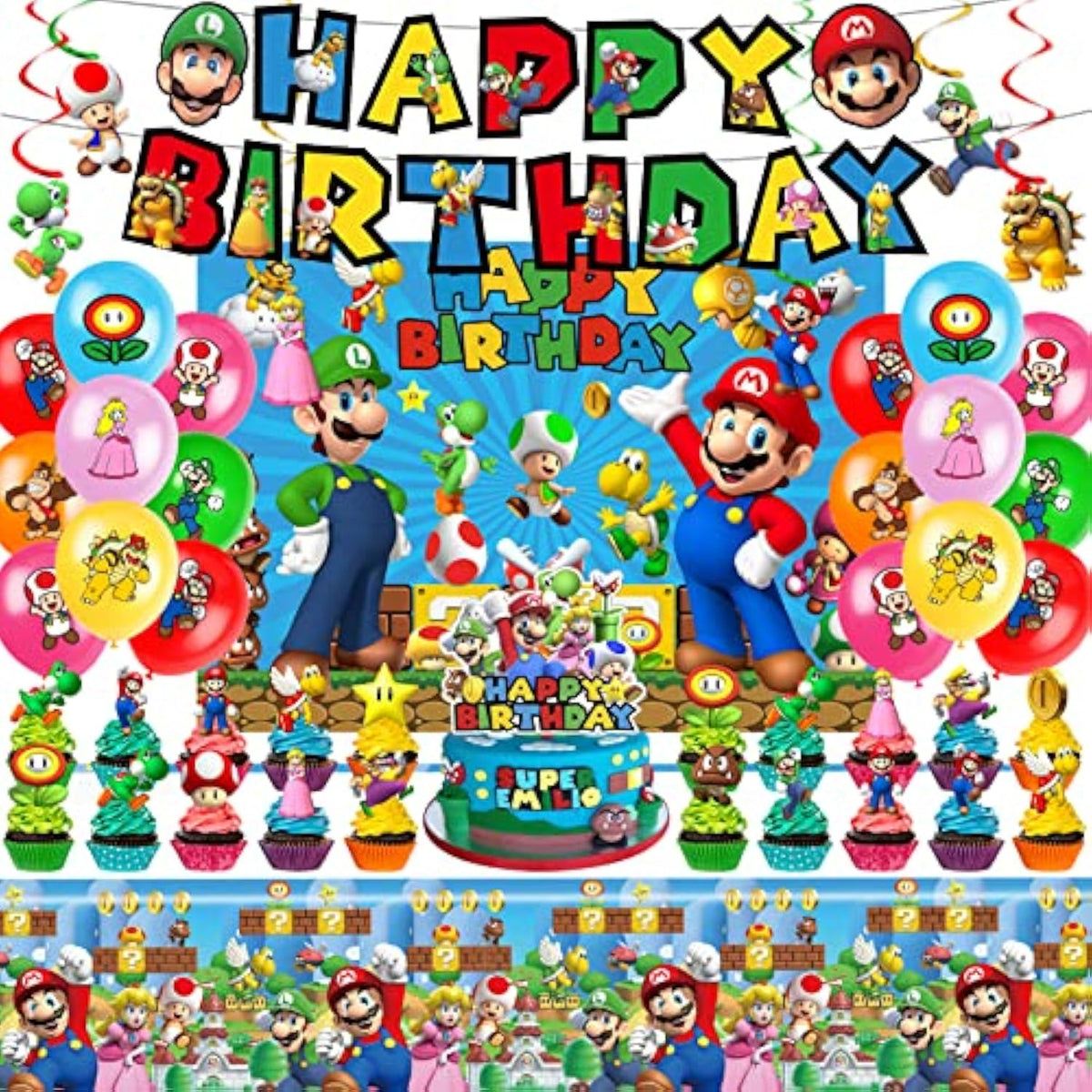 Mario Birthday Party Supplies, Party Decorations Set Include Banner, Backdrop, Balloons, Hanging Swirls, Cake Cupcake Toppers, Tablecloth For Boys Girls Mario Theme Party