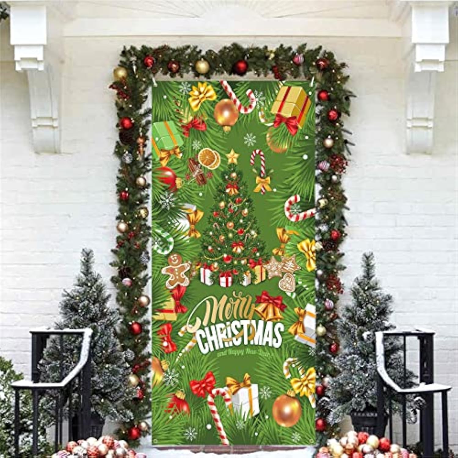 Christmas Door Cover Banner, Green Glitter Christmas Tree Backdrop Banner With Gift Boxes Candy Cane, Xmas Decorations Door Sign Banner For Outdoor Home Yard Garden New Year Party Decor, 90X185Cm