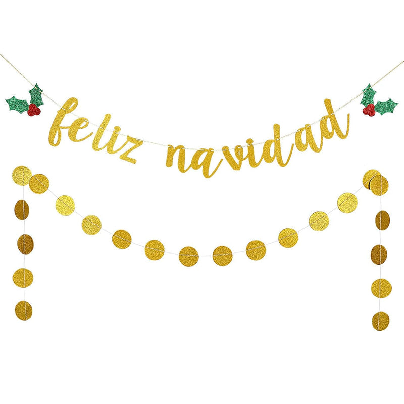 Feliz Navidad Banner Gold Glitter And Gold Glittery Circle Dots Garlan