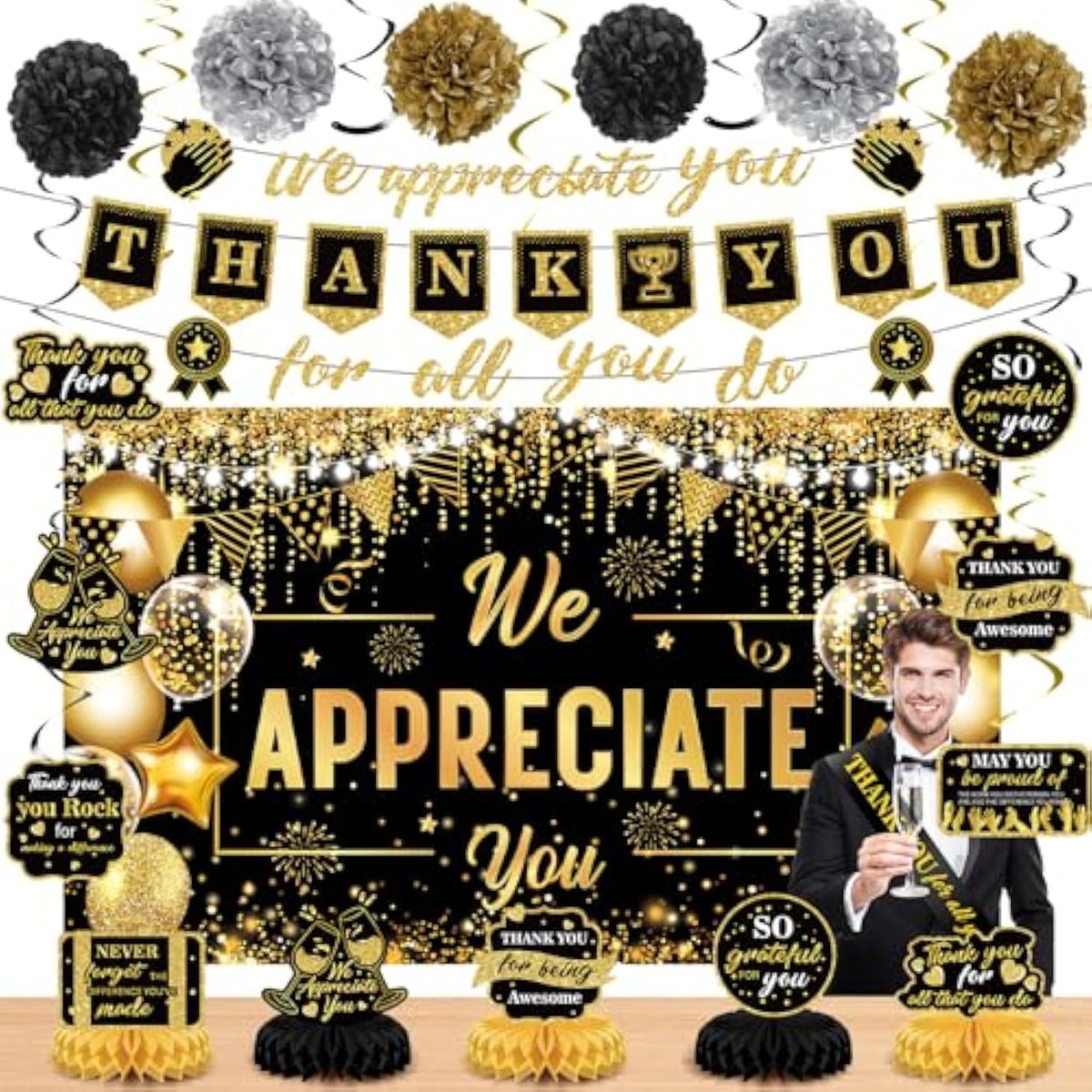 We Appreciate You Party Decorations Black Gold Thank You For All You Do Banner Honeycomb Centerpieces Hanging Swirls For Office Employee Staff Appreciation Gifts Pastor Teacher Party Boss Day Decor