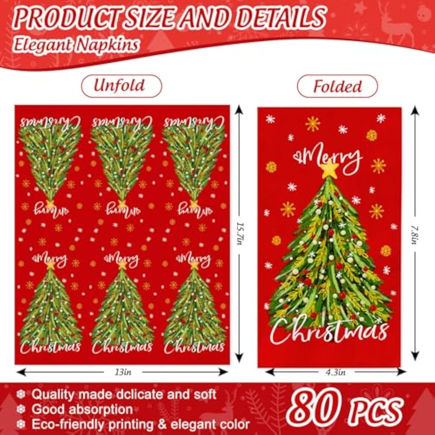 80Pcs Merry Christmas Guest Napkins Disposable Red Xmas Tree Snowflake Paper Napkins Dinner Hand Napkins For Winter Party Tableware Supplies
