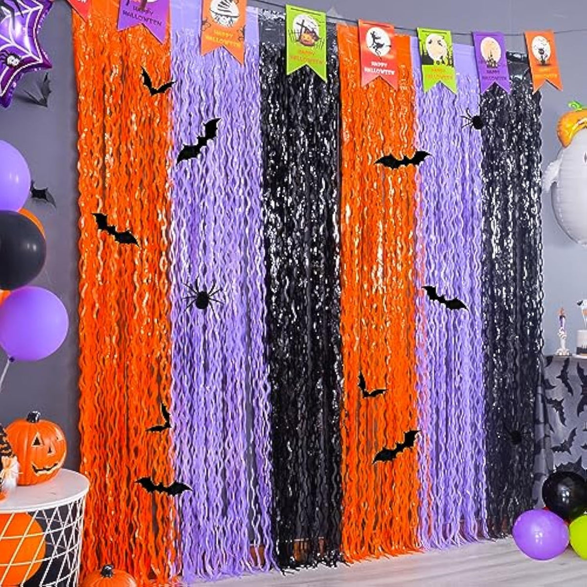 3 Pack Halloween Foil Fringe Curtains Orange Purple Black with Bat Spider Stickers