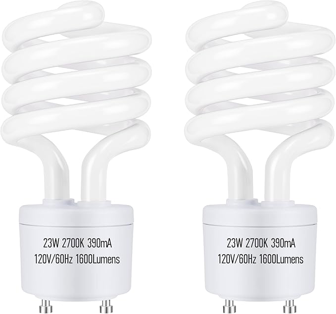 GU24 23W CFL Light Bulbs T3 Spiral 2700K Soft White 1600 Lumens 100W Equivalent 2 Pack