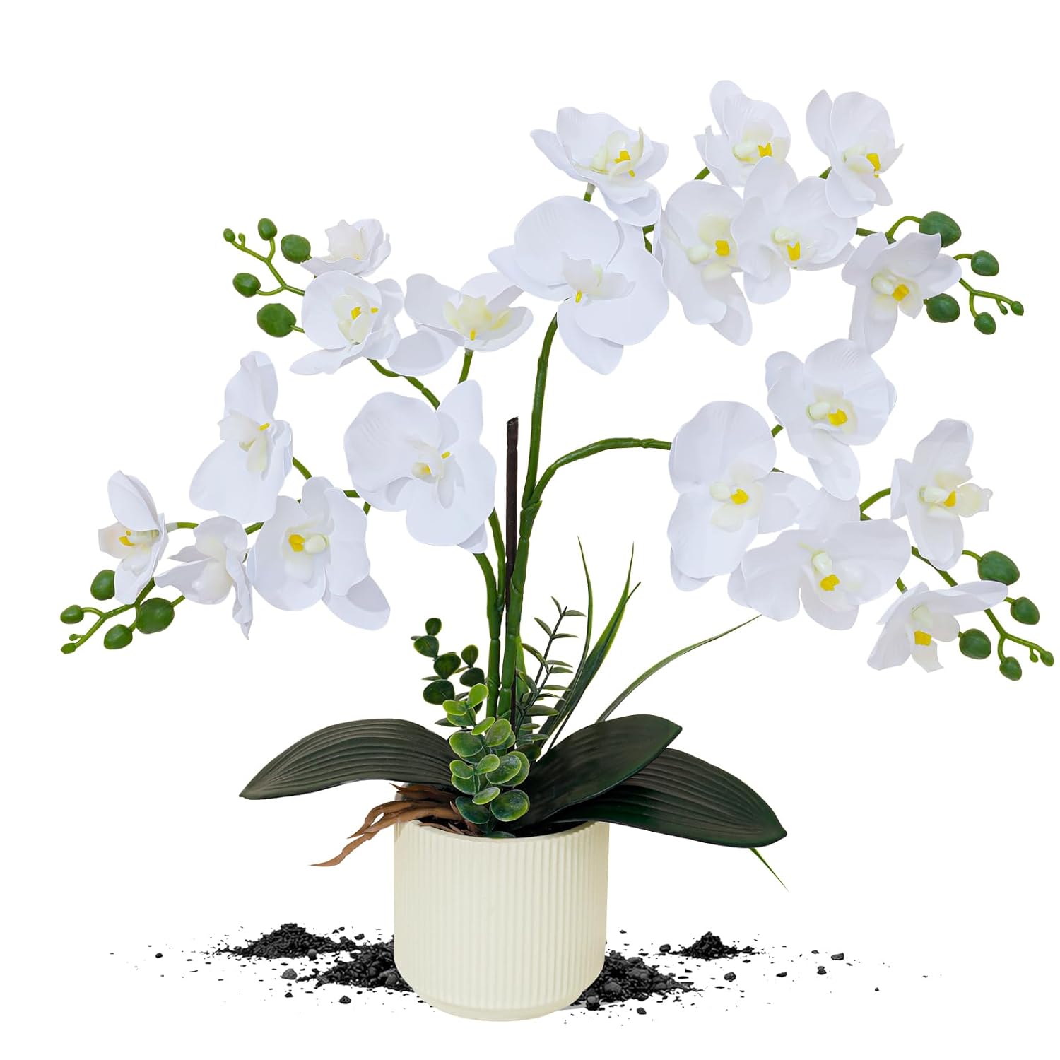 Upgraded White Artificial Orchid Flowers With Ceramic Vase Fake Orchids Real Touch Flowers For Home Decor Bathroom Decoration Table Centerpieces (White)