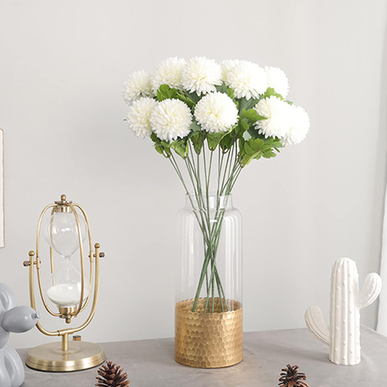 24 Silk Chrysanthemum Ball Head Bouquet White Bouquets Hydrangea,12 Pcs Artificial Two Head Chrysanthemum Ball Flowers For Home Office Coffee House Parties And Wedding