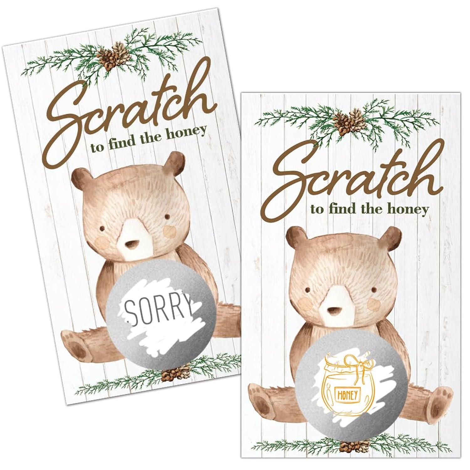 50 Pack Bear Theme Scratch Off Game, Retro Pinecone Bear Honey Scratch Card For Baby Shower Birthday Party Lottery Game Group Games Family Activity, Baby Shower Activity And Idea