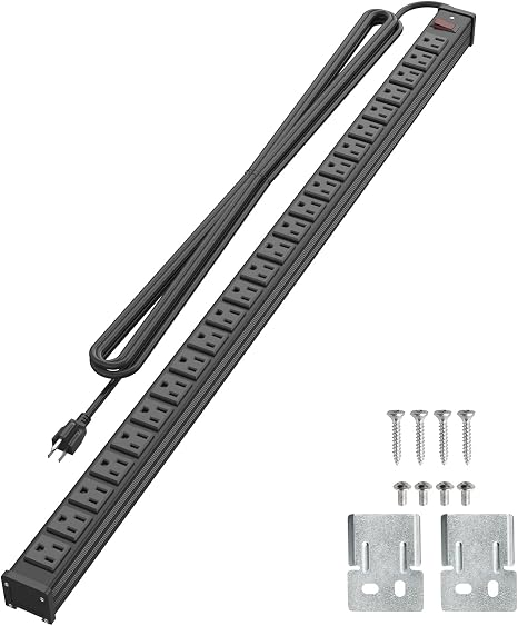 24-Outlet Heavy Duty Metal Power Strip with 10FT Extension Cord and Wall Mount