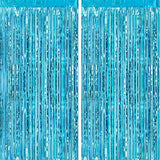 2Pcs 3Ft X 8Ft Light Blue Metallic Tinsel Foil Fringe Curtains Backdrop For Frozen Mermaid Blue Birthday Party Decorations, Baby Shower Bachelorette Bridal Shower Party Decorations