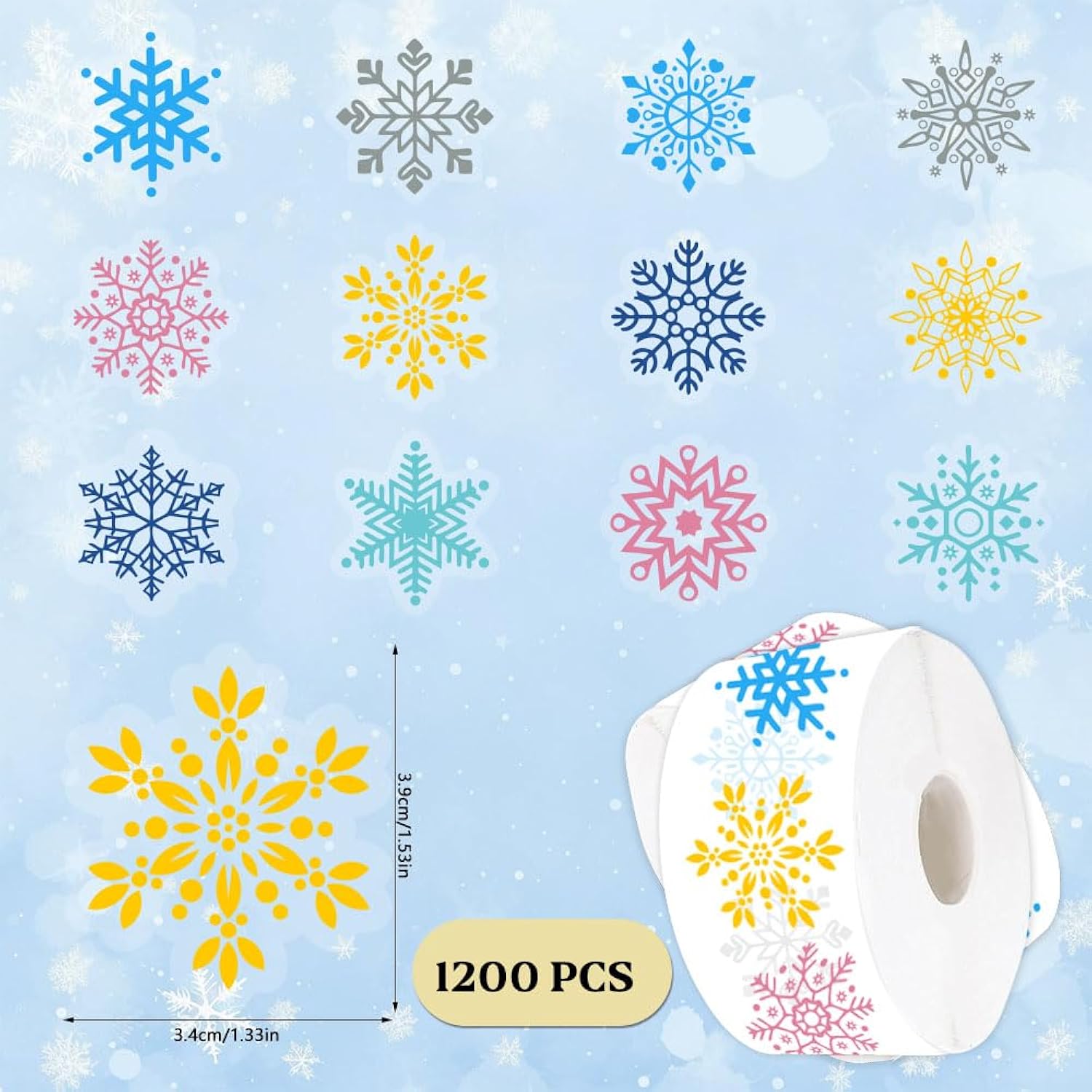 1200Pcs Clear Christmas Stickers Roll Snowflake Stickers Xmas Winter Holiday Round Adhesive Label Stickers Decal For Xmas Envelopes Invitations Cards Gifts Decor, 12 Designs