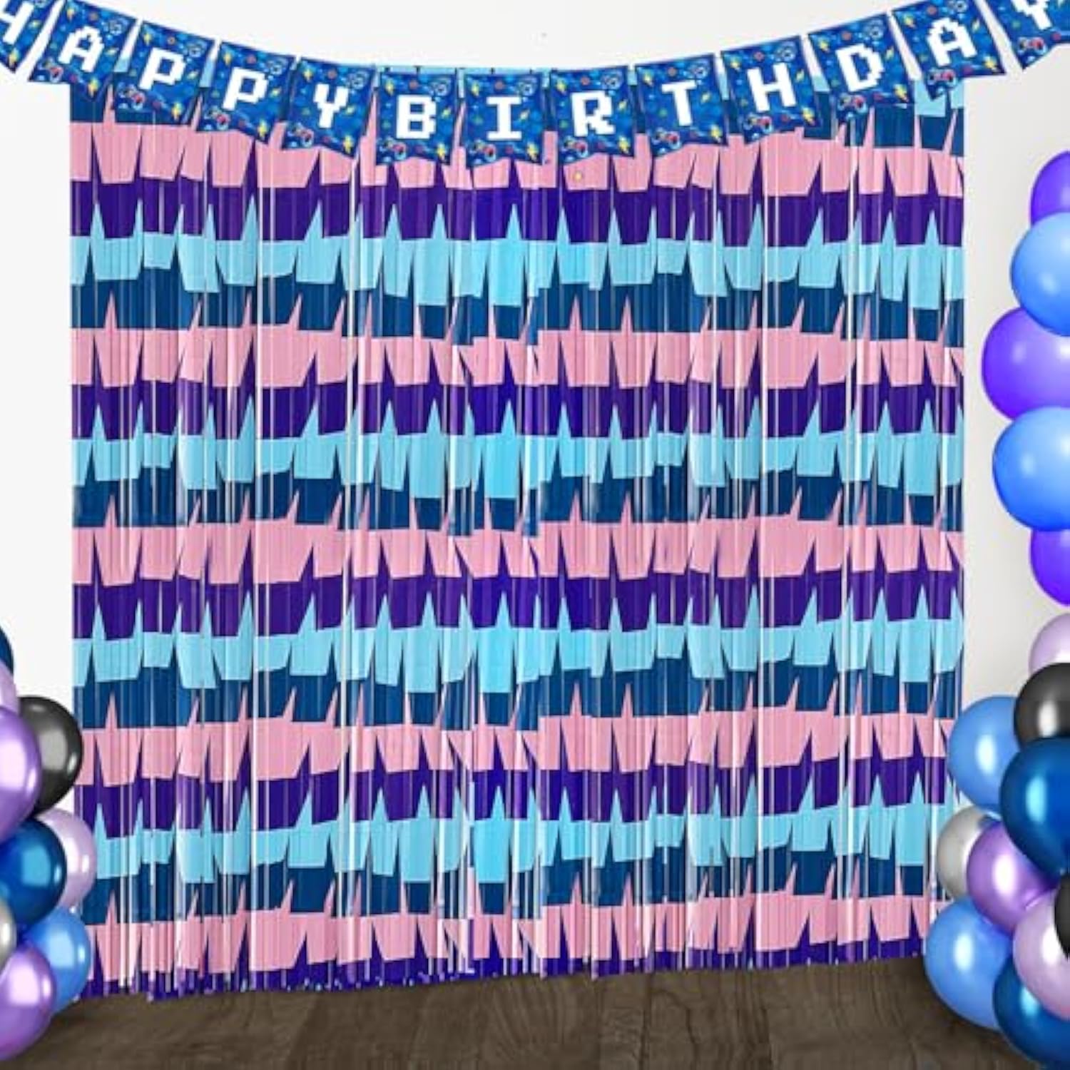 Video Game Foil Fringe Curtains Backdrop Birthday Party Decorations, 2 Pack 3.28 X 6.56 Ft Purple Blue Pink Tinsel Streamer Photo Booth Props For Boys Gaming Baby Shower Party Decor Supplies Favors
