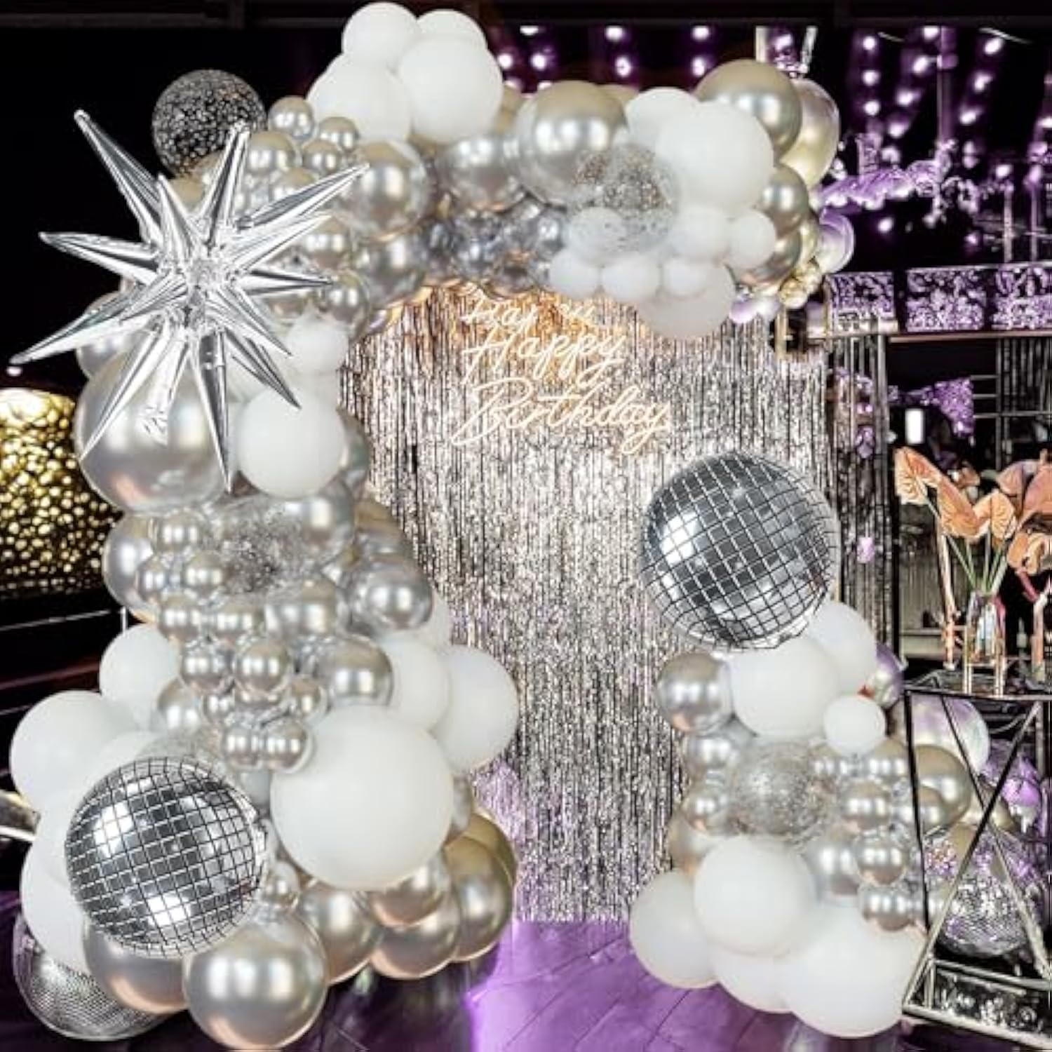 134pcs Disco Party Balloon Arch Kit Silver White Confetti Balloons for Events