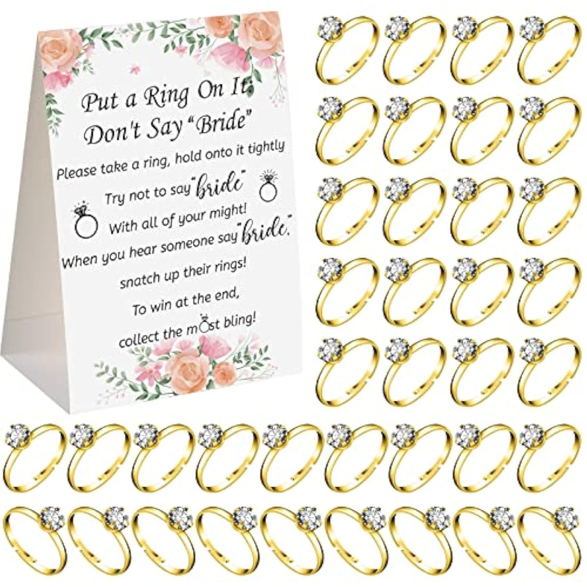 Put A Ring On It Bridal Shower Game With 50 Fake Rings, Rustic Greenery Theme Wedding Shower Games Wedding And Engagement Rings And Not Say Bride Rules Cards(Bright Flowers,Gold)