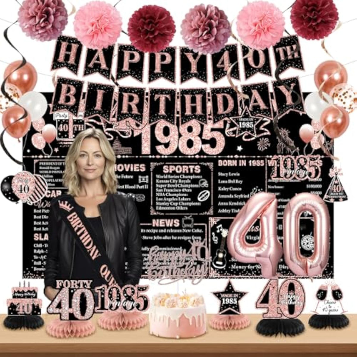 40Th Birthday Decorations For Women, Rose Gold Back In 1985 Birthday Banner Decorations, Happy 40Th Birthday Cake Topper, Balloons, Backdrop, Table Decorations, Sash Party Supplies For Women