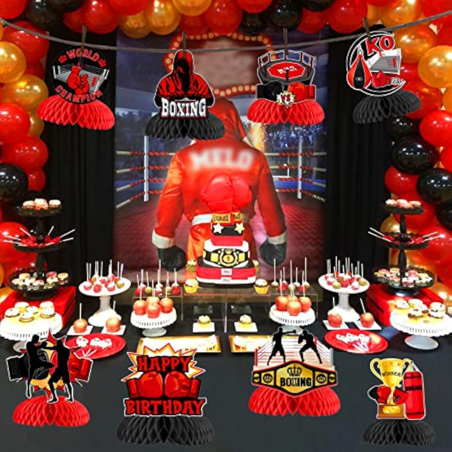 8 Pieces Boxing Birthday Honeycomb Centerpieces - Boxing Match Birthday Party Decorations Red Black Gold, Boxer Gloves Platform Table Decor For Wrestle Fitness Fight Sports Party