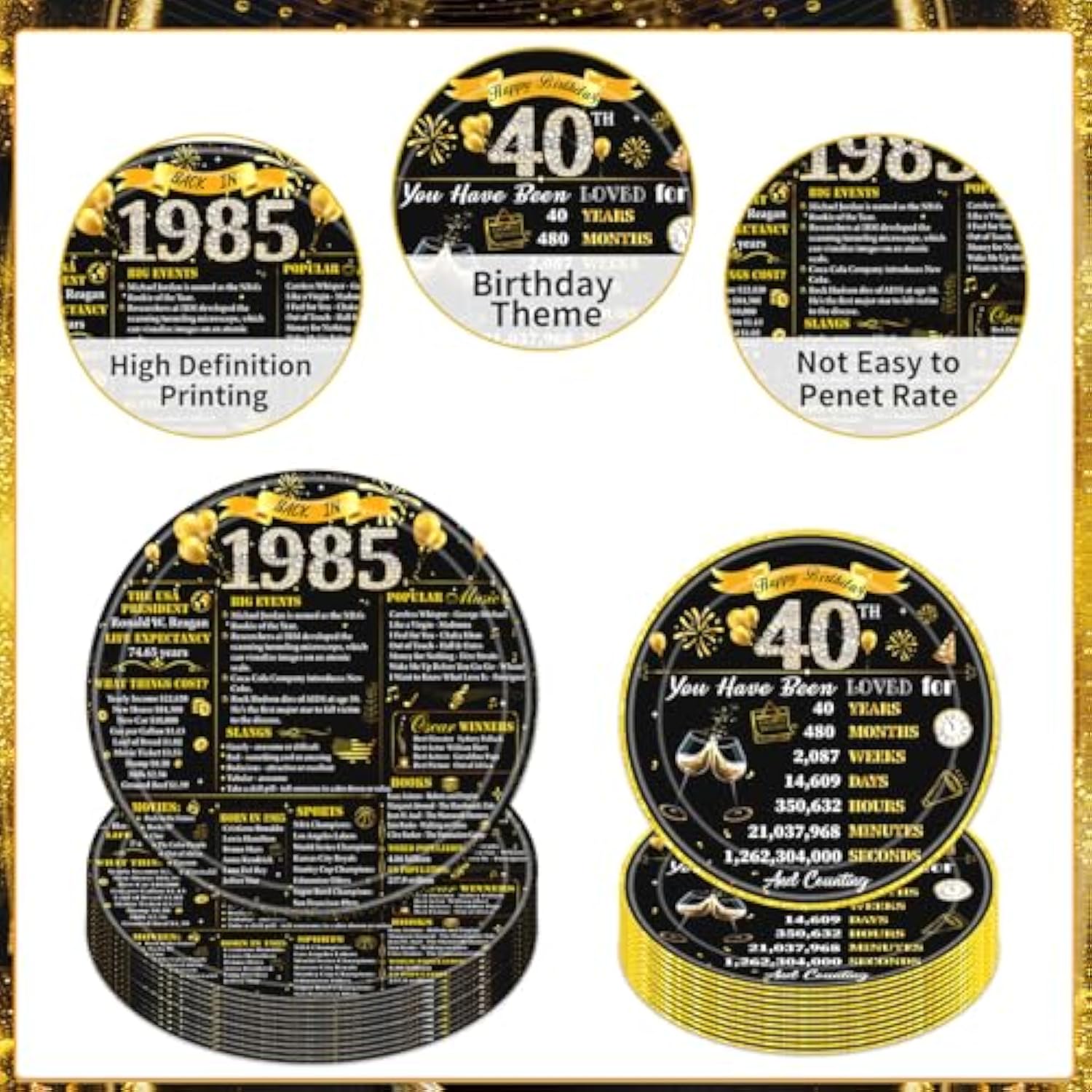 40Th Birthday Decorations For Men Women, 96Pcs Back In 1985 Birthday Party Plates And Napkins Forks Supplies, Black Gold Aged To Perfection Birhday Disposable Party Tableware Decor (24 Guests)