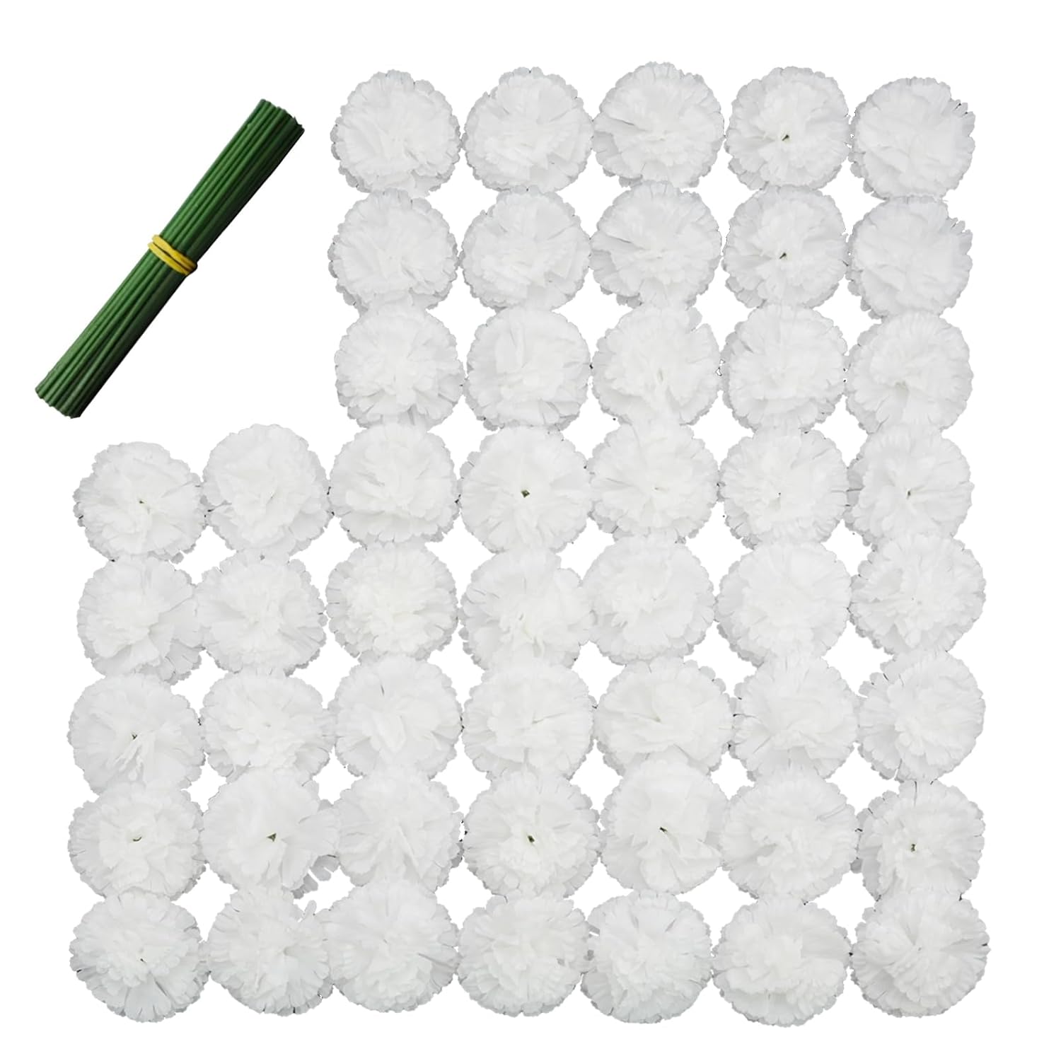 Artificial Carnation Flower, 50Pcs Silk Faux Flower Heads With Stem, For Diy Wreath, Wedding Decor, Handmade Flowers, Table Centerpieces, Home Decor, Baby Shower, Graduation Decor (50, White)