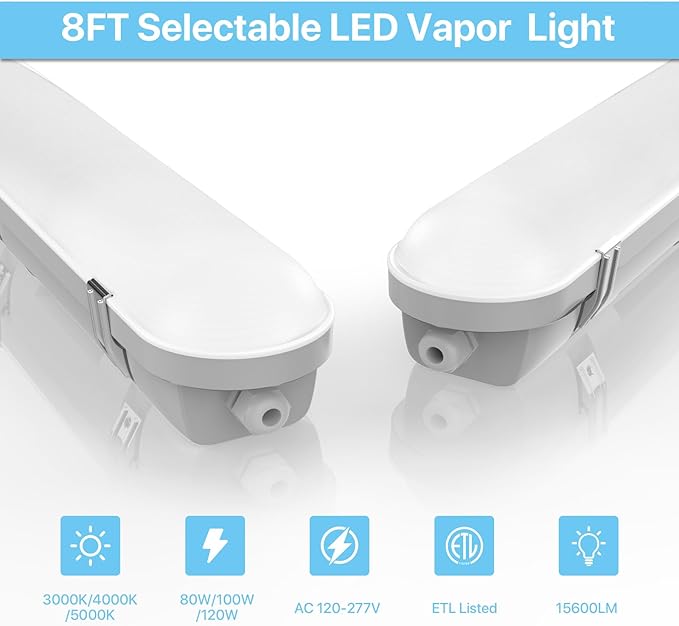 2 Pack 8FT LED Vapor Tight Light Fixtures 15600LM IP66 Waterproof Dimmable Shop Lights for Warehouse Car Wash