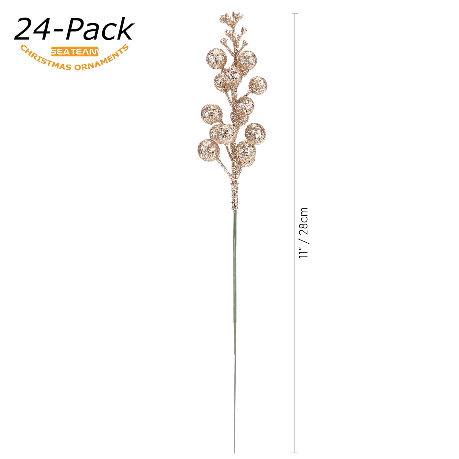 24-Pack Artificial Glitter Holly Berry Twig Ornaments, Decorative Fruit Sticks, Glittery Stems, Picks, Branches For Christmas Tree, Small Vase, Holiday, Wedding, Party (11", Champagne)