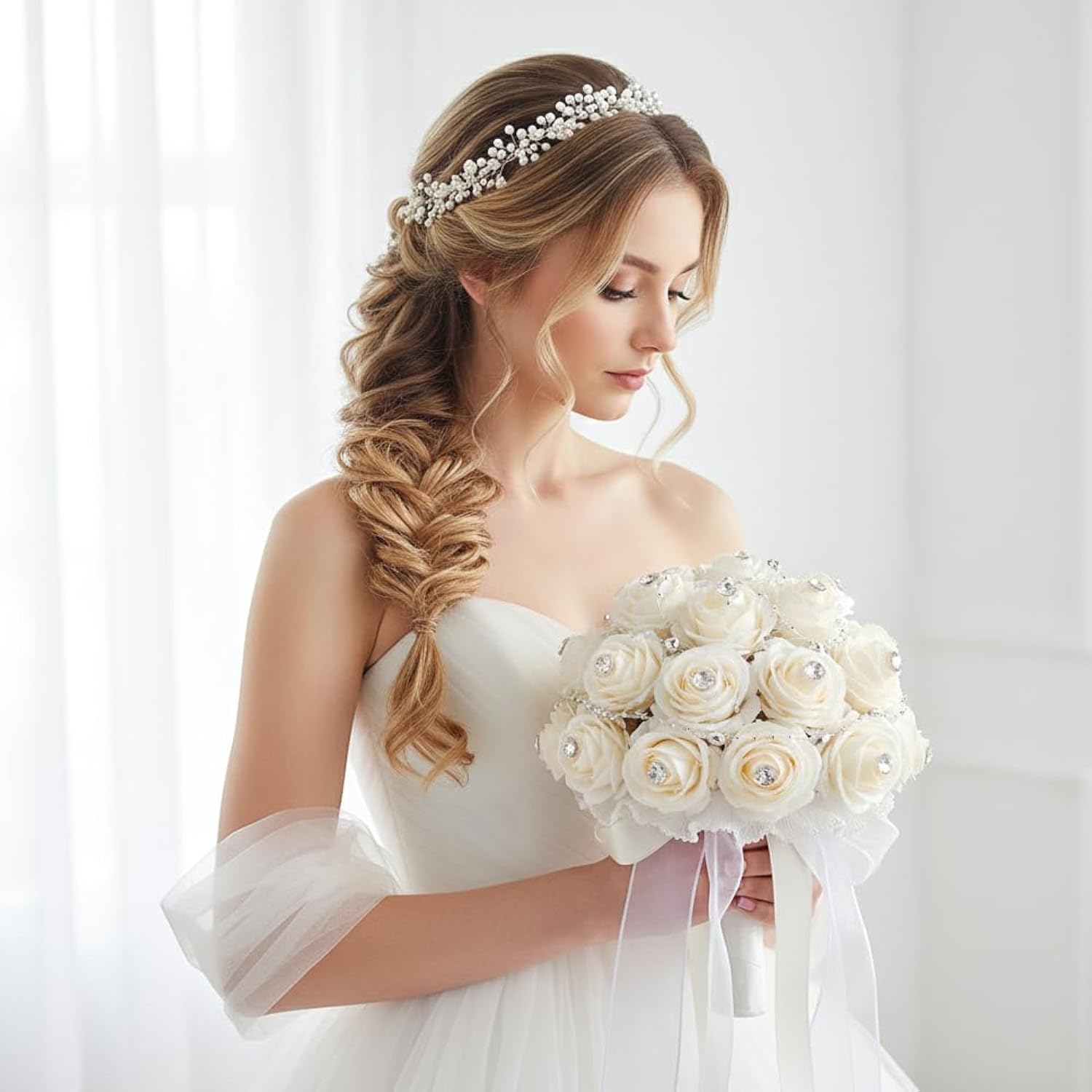 Wedding Bouquets For Bride, Rhinestone Wedding Flowers Bridal Bridesmaid Bouquets Artificial Flower With Silk Ribbon Light Champagne Toss Rose Holding Flower For Civil Ceremony Prom Party