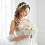 Wedding Bouquets For Bride, Rhinestone Wedding Flowers Bridal Bridesmaid Bouquets Artificial Flower With Silk Ribbon Light Champagne Toss Rose Holding Flower For Civil Ceremony Prom Party