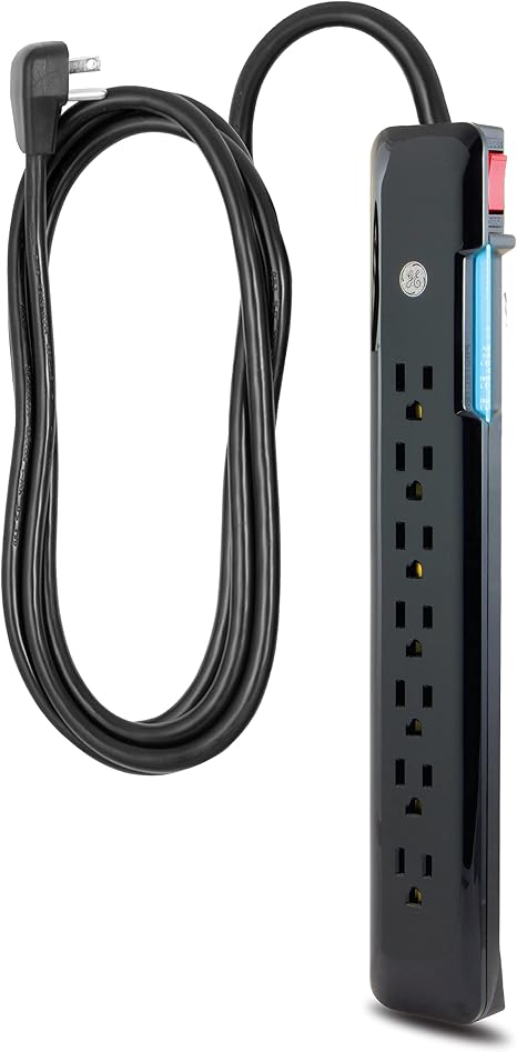 GE 7 Outlet Surge Protector 4FT Extension Cord 1080J Flat Plug Black