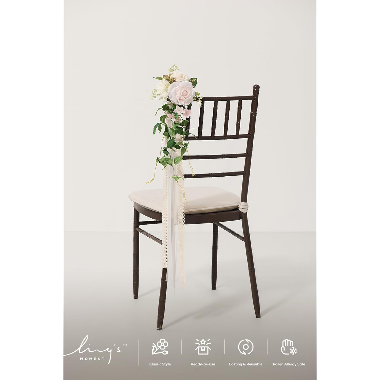 8Pcs Wedding Artificial Aisle Pew Flowers Chair Decorations Arrangements With Chiffon Ribbons Blush Pink Cream For Ceremony Chair Back Floral Decor Reception Church Party Outdoor