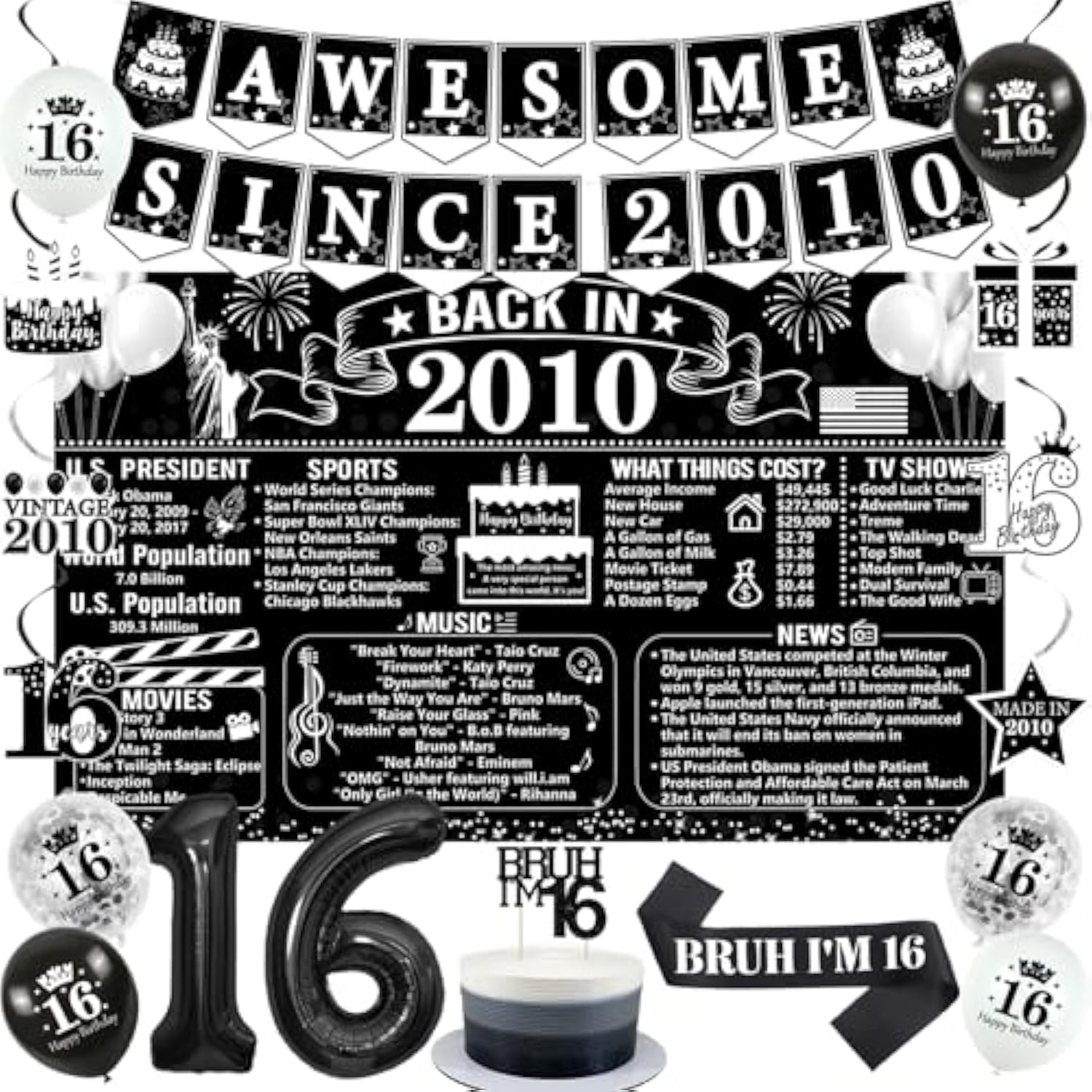 Happy 16Th Birthday Decorations For Boys, Black And White Back In 2010 Birthday Party Supplies, 2010 Poster Banner, Bruh I'M 16 Sash, 16Th Cake Topper, Latex Balloon, 16 Year Old Set