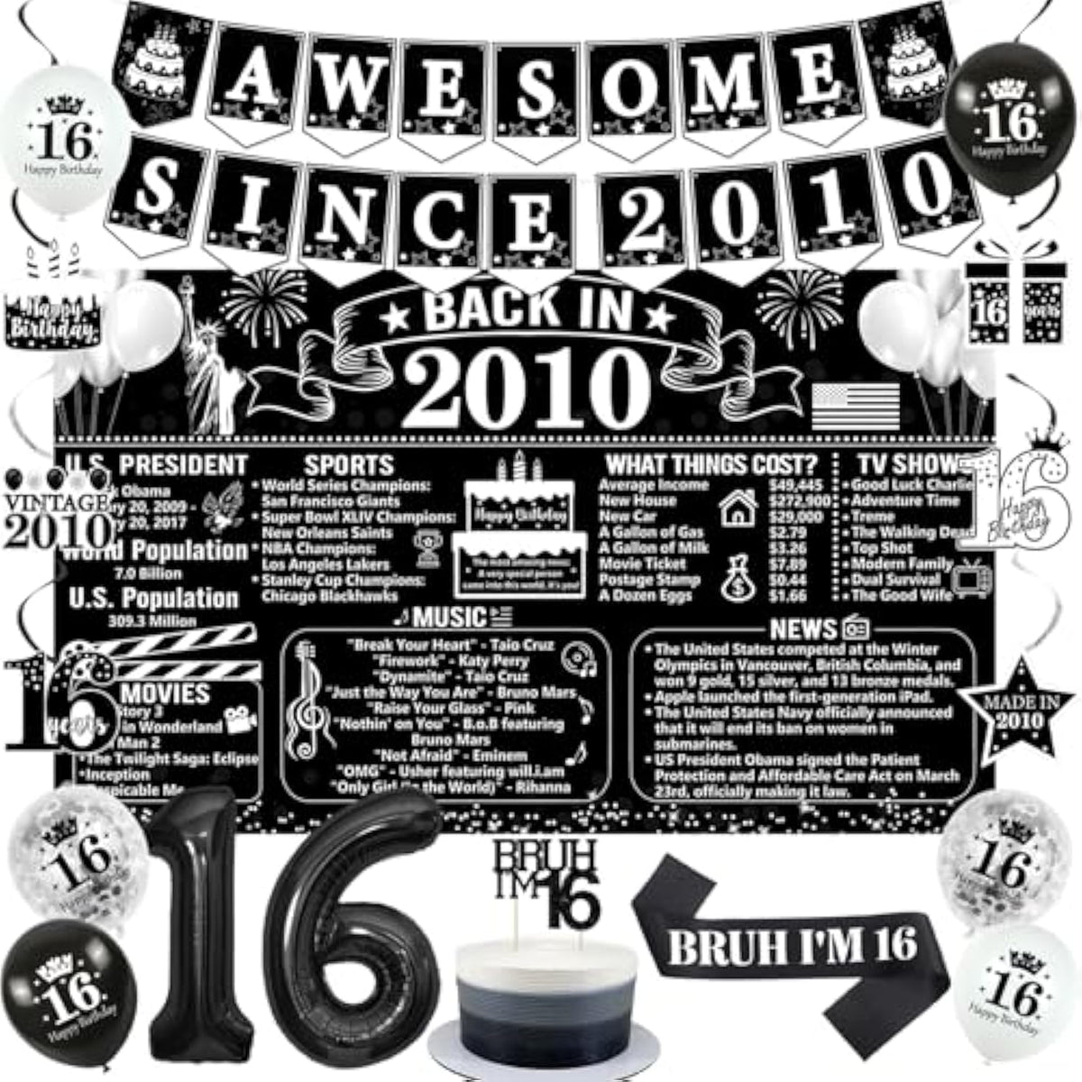 Happy 16Th Birthday Decorations For Boys, Black And White Back In 2010 Birthday Party Supplies, 2010 Poster Banner, Bruh I'M 16 Sash, 16Th Cake Topper, Latex Balloon, 16 Year Old Set